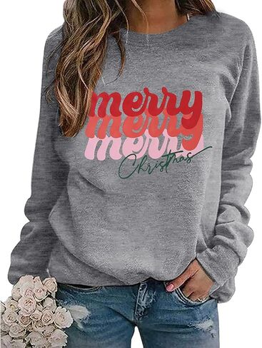 EGELEXY Merry Christmas Sweatshirt for Women Merry Letter Print Graphic Shirts Lightweight Christmas Crewneck Pullover in Saudi Arabia