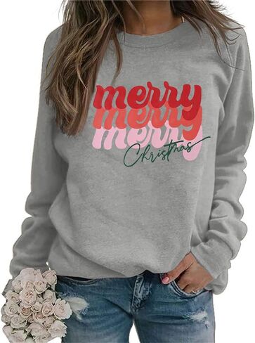 EGELEXY Merry Christmas Sweatshirt for Women Merry Letter Print Graphic Shirts Lightweight Christmas Crewneck Pullover in Saudi Arabia