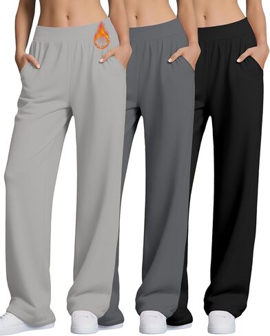 3 Pack Women's Fleece Lined Sweatpants, Wide Leg Baggy Pants Lounge Yoga Pants Loose Winter Joggers with Pockets in Saudi Arabia