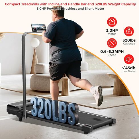 Compact Walking Pad with Handle Bar and Incline, 3.0HP Portable Walking Pads Treadmills with Handles for Home Small, 0.6-6.2MPH Electric Small Under The DeskTreadmill for Small Spaces, 320LB Capacity in Saudi Arabia