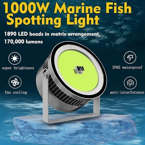 ضوء جذب الأسماك LED أخضر 1000 وات مع كابل طاقة بطول 6.5 قدم، ضوء صيد بحري كبير لسفن الصيد في الخارج وفي أعماق البحار 110 فولت - 330 فولت in Kuwait