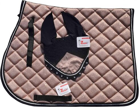 طقم وسادة سرج من الدرجة الذهبية اللامعة بلون ذهبي وردي متطابق مع غطاء الأذن | معدات عرض الفروسية | مجموعة ماتشي لركوب الخيل | الترويض أو القفز/الصياد in Kuwait