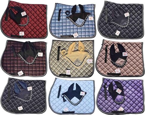 طقم وسادة سرج من الدرجة الذهبية اللامعة بلون ذهبي وردي متطابق مع غطاء الأذن | معدات عرض الفروسية | مجموعة ماتشي لركوب الخيل | الترويض أو القفز/الصياد in Kuwait