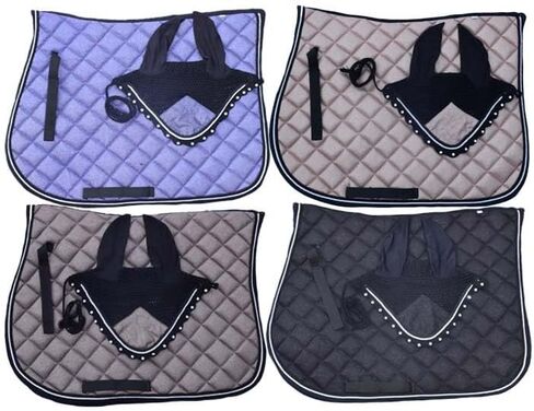 طقم وسادة سرج من الدرجة الذهبية اللامعة بلون ذهبي وردي متطابق مع غطاء الأذن | معدات عرض الفروسية | مجموعة ماتشي لركوب الخيل | الترويض أو القفز/الصياد in Kuwait