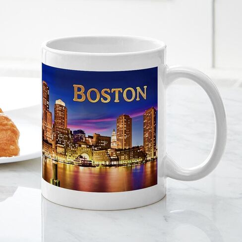 CafePress Boston Harbor At Night Text BOSTON Copy Mugs 11 oz (325 ml) Ceramic Coffee Mug in Saudi Arabia