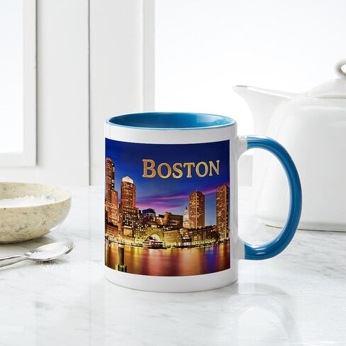 CafePress Boston Harbour At Night Text BOSTON Copy Mugs 11 أوقية (325 مل) كوب قهوة سيراميك in Saudi Arabia