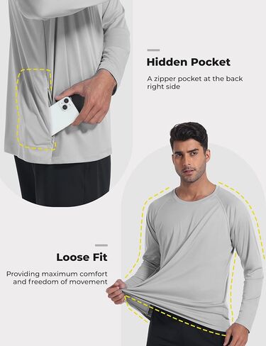 UPF 50+ Rash Guard for Men with Pocket Swim Shirts, Quick Dry Long Sleeve UV Protection Fishing Surfing Beach T-Shirt in Saudi Arabia