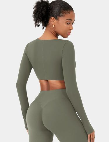 YEOREO Long Sleeve Crop Tops for Women Agantha Deep V Neck Ruched Padded Workout Gym Cropped T Shirt Top with Thumb Holes in Saudi Arabia