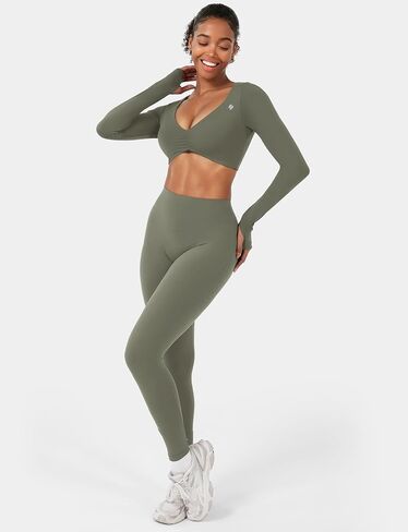 YEOREO Long Sleeve Crop Tops for Women Agantha Deep V Neck Ruched Padded Workout Gym Cropped T Shirt Top with Thumb Holes in Saudi Arabia