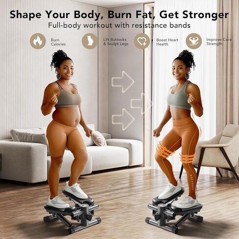 جهاز ستيبر صغير مع أشرطة مقاومة، جهاز ستاير ستاير للتمرين في المنزل، جهاز لياقة هيدروليكي مدمج، ارتفاع خطوة قابل للتعديل، تصميم هادئ، سعة 300 رطل، السعرات الحرارية، وتتبع الخطوات in Kuwait
