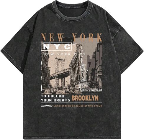 Oversized Graphic T-Shirt for Men New York Los Angeles Vintage Acid Wash Cotton Tees Streetwear Casual Tee Top in Saudi Arabia