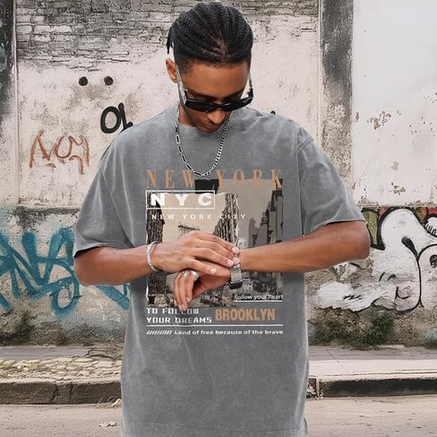 Oversized Graphic T-Shirt for Men New York Los Angeles Vintage Acid Wash Cotton Tees Streetwear Casual Tee Top in Saudi Arabia