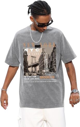 Oversized Graphic T-Shirt for Men New York Los Angeles Vintage Acid Wash Cotton Tees Streetwear Casual Tee Top in Saudi Arabia