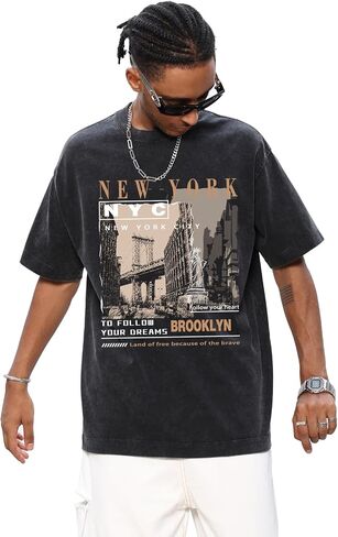 Oversized Graphic T-Shirt for Men New York Los Angeles Vintage Acid Wash Cotton Tees Streetwear Casual Tee Top in Saudi Arabia