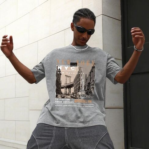 Oversized Graphic T-Shirt for Men New York Los Angeles Vintage Acid Wash Cotton Tees Streetwear Casual Tee Top in Saudi Arabia