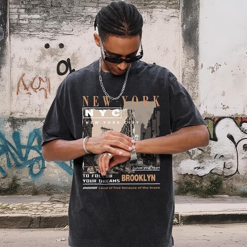 Oversized Graphic T-Shirt for Men New York Los Angeles Vintage Acid Wash Cotton Tees Streetwear Casual Tee Top in Saudi Arabia