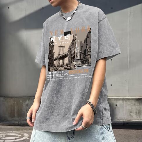 Oversized Graphic T-Shirt for Men New York Los Angeles Vintage Acid Wash Cotton Tees Streetwear Casual Tee Top in Saudi Arabia
