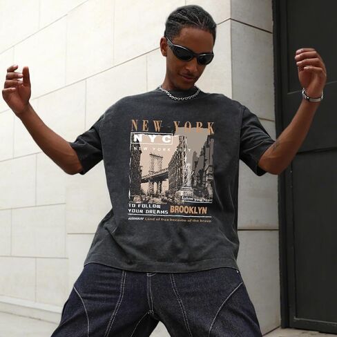 Oversized Graphic T-Shirt for Men New York Los Angeles Vintage Acid Wash Cotton Tees Streetwear Casual Tee Top in Saudi Arabia
