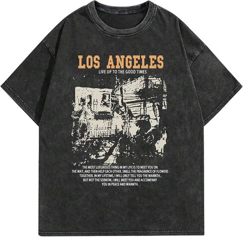 Oversized Graphic T-Shirt for Men New York Los Angeles Vintage Acid Wash Cotton Tees Streetwear Casual Tee Top in Saudi Arabia