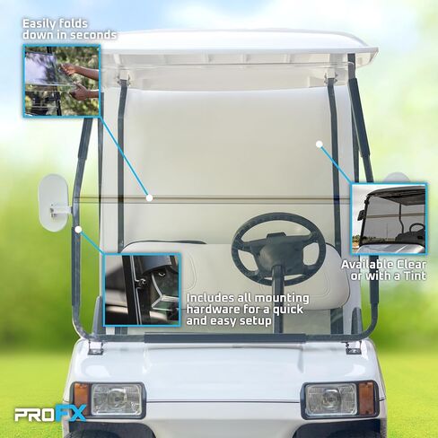 الزجاج الأمامي لعربة الجولف PROFX متوافق مع Club Car DS | تصميم ملون قابل للطي | يناسب موديلات DS 2000.5-2014 مع دعامات أمامية مدببة | صنع في أمريكا in Kuwait