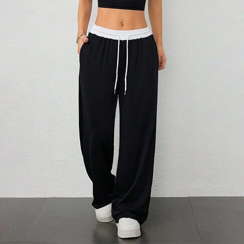 Women's Wide Leg Sweatpants Drawstring High Waisted Yoga Pants with Pockets Patchwork Straight Gray Sweatpants Loose Fit in Saudi Arabia