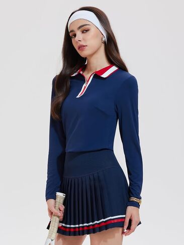 Women's Long Sleeve Tennis Dress, 2 Piece Athletic Skirt Set Outfit, Pleated Skirt for Golf, Pickleball, and Workout in Kuwait