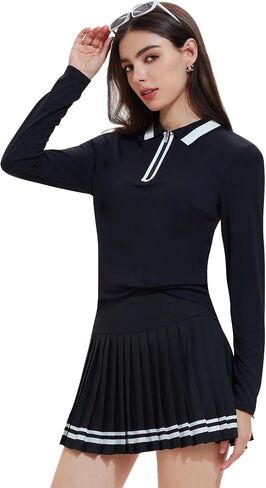 Women's Long Sleeve Tennis Dress, 2 Piece Athletic Skirt Set Outfit, Pleated Skirt for Golf, Pickleball, and Workout in Kuwait