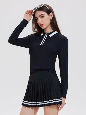 Women's Long Sleeve Tennis Dress, 2 Piece Athletic Skirt Set Outfit, Pleated Skirt for Golf, Pickleball, and Workout in Kuwait