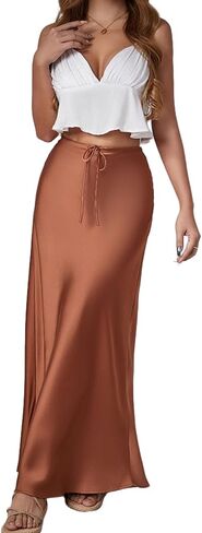 Women’s Silk Satin Skirts Long Maxi Drawstring A-Line Fall Elegant Cocktail Party Wedding Mermaid Midi Skirt in Saudi Arabia