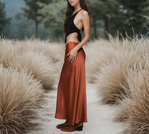 Women’s Silk Satin Skirts Long Maxi Drawstring A-Line Fall Elegant Cocktail Party Wedding Mermaid Midi Skirt in Saudi Arabia