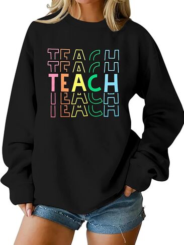 MYHALF Teacher Sweatshirts for Women Teach Graphic Tops Kindergarten Elementary Teaching Shirts Long Sleeve Crewneck Outfits in Saudi Arabia