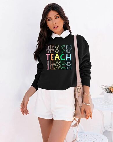 MYHALF Teacher Sweatshirts for Women Teach Graphic Tops Kindergarten Elementary Teaching Shirts Long Sleeve Crewneck Outfits in Saudi Arabia