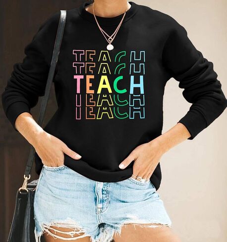 MYHALF Teacher Sweatshirts for Women Teach Graphic Tops Kindergarten Elementary Teaching Shirts Long Sleeve Crewneck Outfits in Saudi Arabia