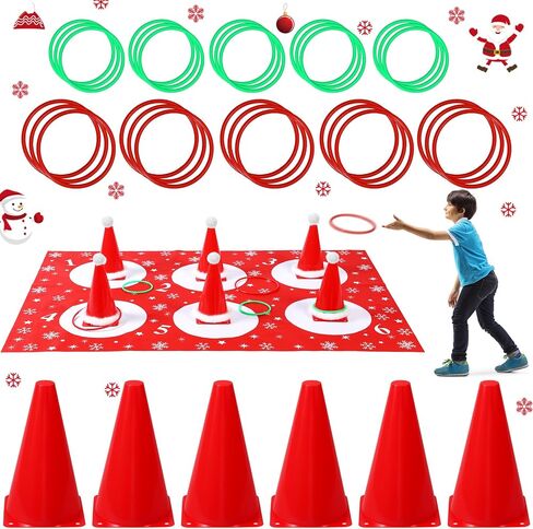 Leitee 46 Pcs Christmas Ring Toss Game Santa Hat Ring Toss Carnival Games for Adults 6 Plastic Cones 30 Rings 1 Cloth Mat 6 Plush Balls 2 Plush Strips and Glue for Christmas Party in Saudi Arabia
