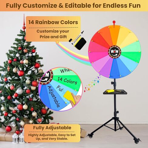 24-inch Spinning Prize Wheel, Ajustable 33"-66" Height Doodle Game Spinner, Spin to Win Prize Wheel with Stand, Spin Wheel for Prize with Lockable Wheels, Wheel of Fortune Game, 14 Colors in Saudi Arabia