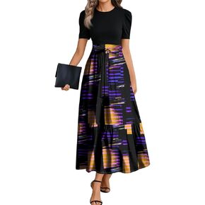 Summer Dresses for Women Elegant High Waist Maxi Dress Flowy Casual Long Dress A-Line Floral Printrd Dress with Belt in Kuwait
