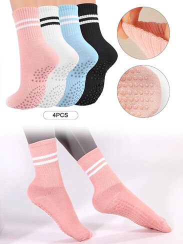 4 Pairs Women's Athletic Socks, Women's Yoga Socks with Non Slip Grippers,Pilates Grippy Socks for Women in Saudi Arabia