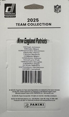 New England Patriots 2025 Donruss Factory Sealed Team Set Featuring a Drake Maye 2nd Year Card and Stefon Diggs with Kyle Williams, TreVeyon Henderson and Will Campbell Rated Rookie Cards Plus in Saudi Arabia