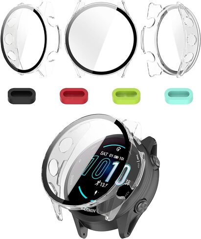 واقي شاشة لحافظة Garmin Forerunner 970 - [شفاف] [3 قطع] + مقابس سيليكون مضادة للغبار [4 قطع]، غطاء حماية من البولي كربونات مع زجاج مقسى مدمج 9H، ملحقات غطاء الوجه in Kuwait
