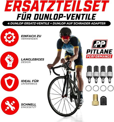 طقم إصلاح صمامات الدراجة Pitlane Performance® مكون من 20 قطعة - صمام Dunlop، وإدراج صمام بديل مع أختام وصواميل وأغطية صمامات + محول Presta-Schrader مجانًا in Kuwait