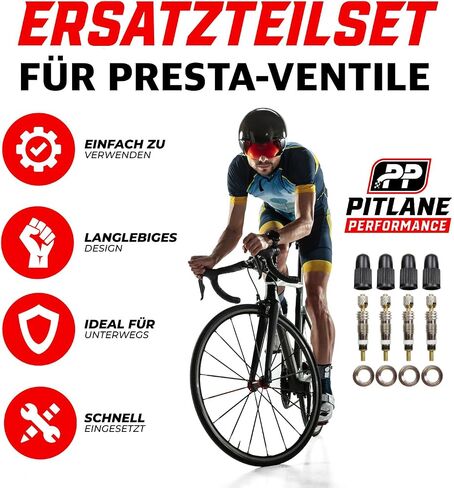 طقم إصلاح صمامات الدراجة Pitlane Performance® مكون من 20 قطعة - صمام Dunlop، وإدراج صمام بديل مع أختام وصواميل وأغطية صمامات + محول Presta-Schrader مجانًا in Kuwait