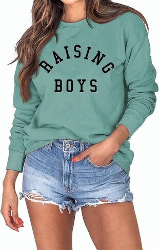 سويت شيرت Mom of Boys للسيدات كاجوال بأكمام طويلة، بلوفر علوي مرح برقبة دائرية ورسومات Mama خفيفة الوزن للخريف in Kuwait