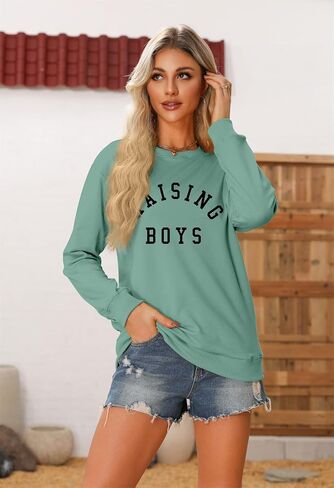 سويت شيرت Mom of Boys للسيدات كاجوال بأكمام طويلة، بلوفر علوي مرح برقبة دائرية ورسومات Mama خفيفة الوزن للخريف in Kuwait