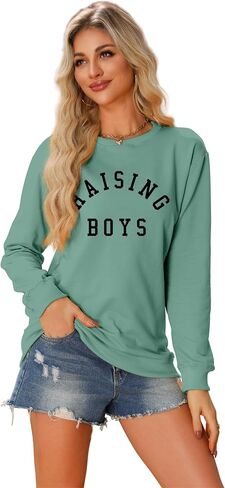 سويت شيرت Mom of Boys للسيدات كاجوال بأكمام طويلة، بلوفر علوي مرح برقبة دائرية ورسومات Mama خفيفة الوزن للخريف in Kuwait