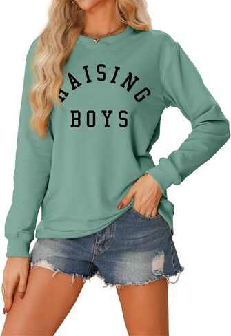 سويت شيرت Mom of Boys للسيدات كاجوال بأكمام طويلة، بلوفر علوي مرح برقبة دائرية ورسومات Mama خفيفة الوزن للخريف in Kuwait