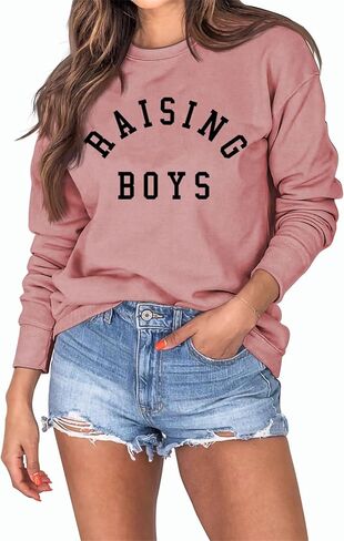 سويت شيرت Mom of Boys للسيدات كاجوال بأكمام طويلة، بلوفر علوي مرح برقبة دائرية ورسومات Mama خفيفة الوزن للخريف in Kuwait