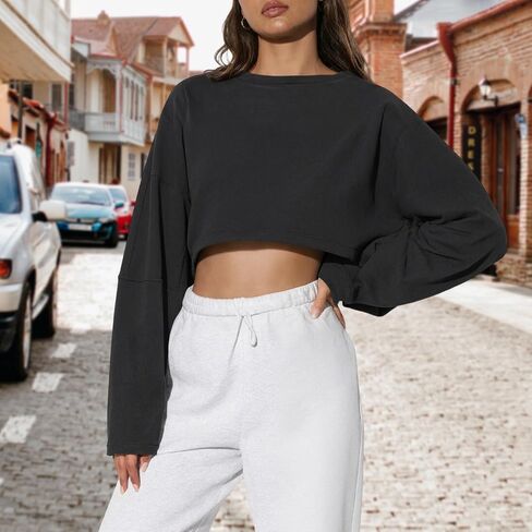 Cropped Pullover Sweatshirt for Women Loose Fit Long Sleeve Sport Outdoor Crop Top Athleisure Gym Top for Mom Wife in Saudi Arabia