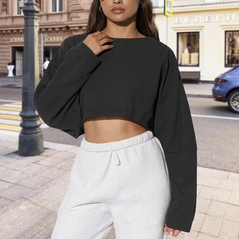 Cropped Pullover Sweatshirt for Women Loose Fit Long Sleeve Sport Outdoor Crop Top Athleisure Gym Top for Mom Wife in Saudi Arabia