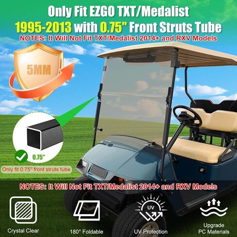 زجاج أمامي لعربة الجولف EZGO بسمك 5 مم من البولي كربونات قابل للطي مع مفصلات شديدة التحمل مناسب فقط لـ 1995-2013 EZGO TXT/Medalist مع حاجز دعامات 0.75 بوصة، زجاج أمامي لعربة الجولف مقاوم للتأثيرات فوق البنفسجية ملون in Saudi Arabia