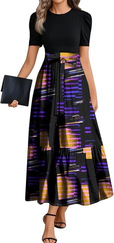 Summer Dresses for Women Elegant High Waist Maxi Dress Flowy Casual Long Dress A-Line Floral Printrd Dress with Belt in Saudi Arabia